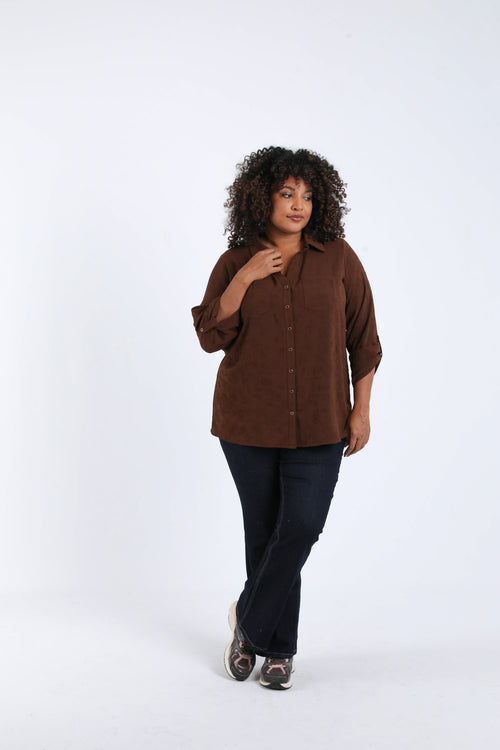 Effen overhemd met reliëf bloemenpatroon-Paprika-6