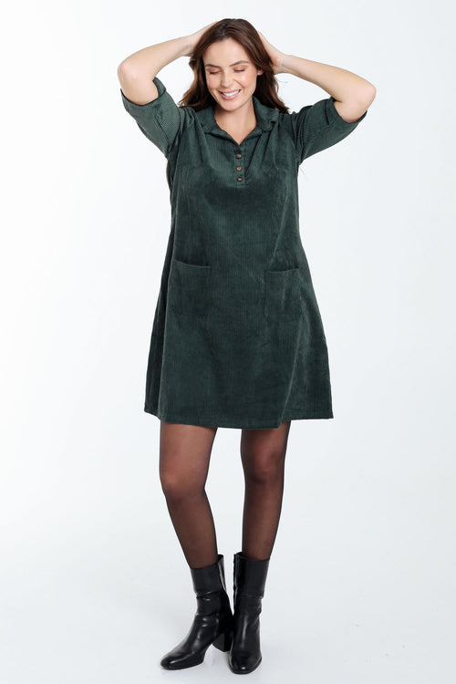 Korte, effen corduroy jurk met opgestikte zakken-Paprika-8