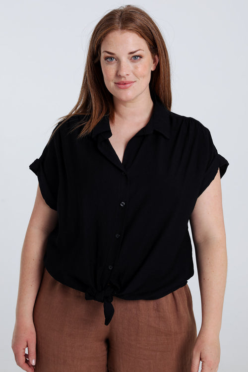 Knopenblouse van effen viscose-Paprika-1
