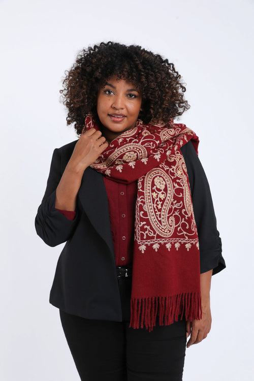 Geborduurde sjaal van viscose en wol-Paprika-2