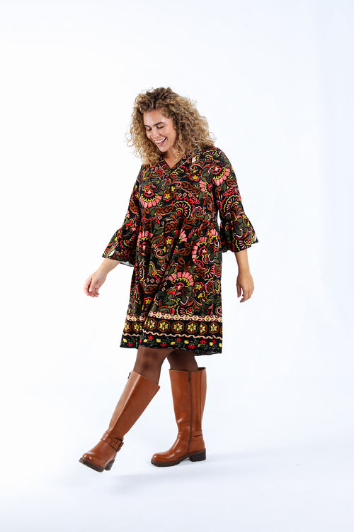 Korte jurk van bedrukt viscose met folkprint-Paprika-7