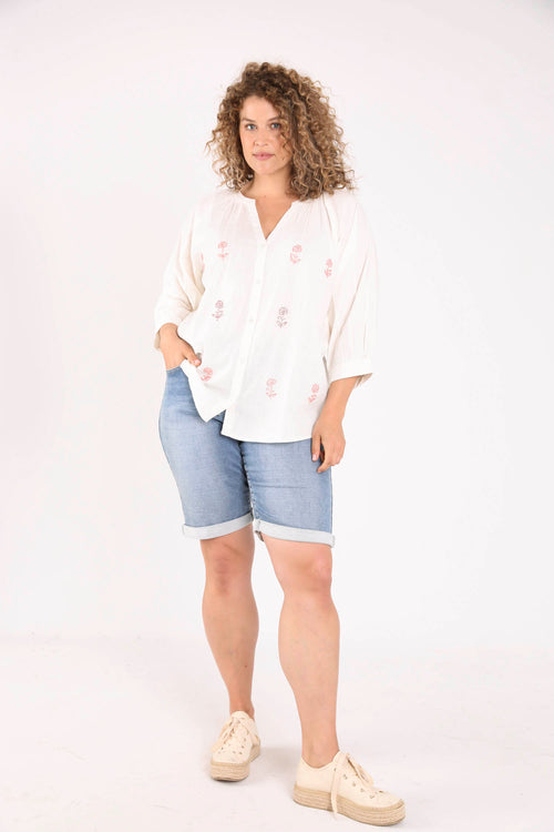 Blouse van katoen en viscose met parelmoer bloemen-Paprika-7