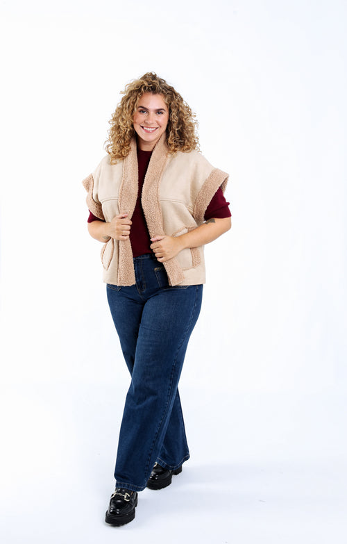 Effen gilet met schapenvachtlook-Paprika-7