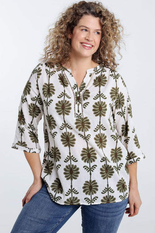 Blouse met opengewerkt detail en tweekleurige print-Paprika-2