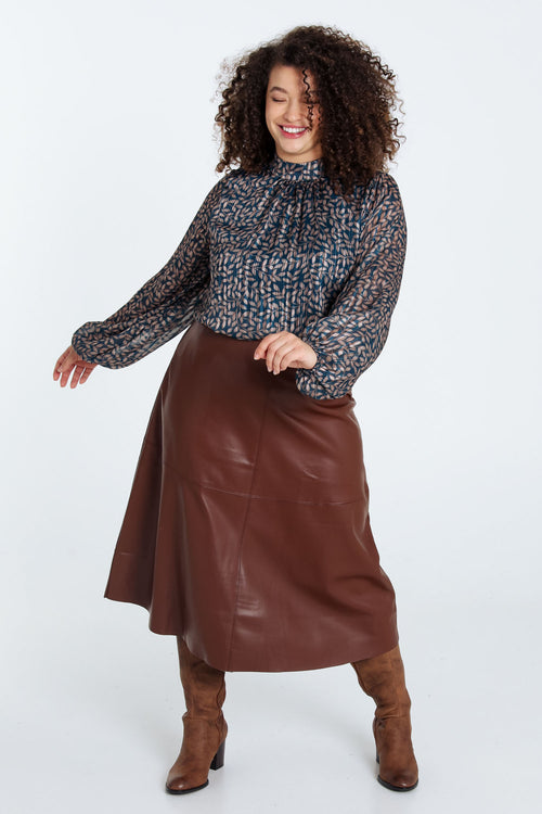 Halflange, effen rok in imitatieleer-Paprika-9