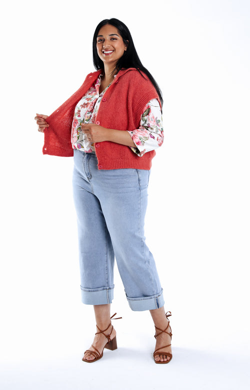 Effen korte cardigan-Paprika-7