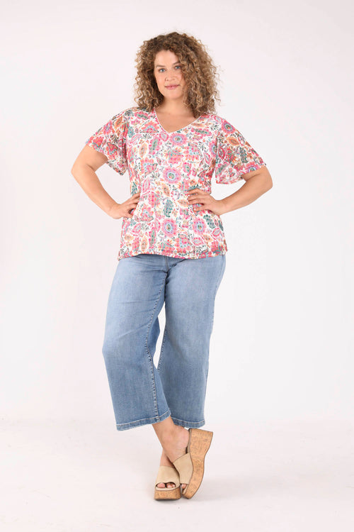T-shirt van kant met print van Indiase bloemen-Paprika-9