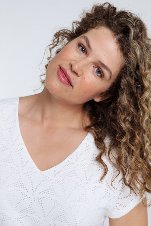 Effen kanten T-shirt met bloemmotief-Paprika-3