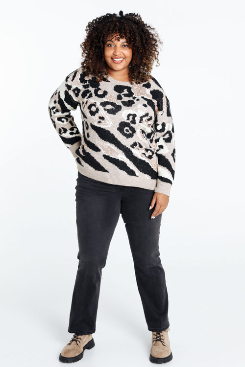 Trui met dierenhuidmotief en pailletten-Paprika-10