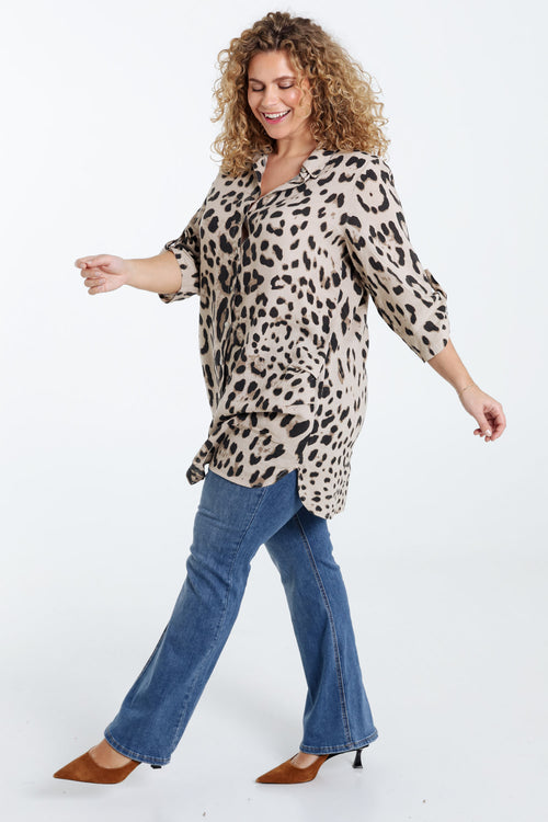 Lange linnen blouse met dierenprint-Paprika-8