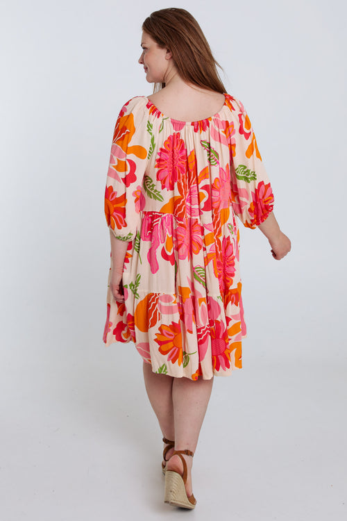 Korte jurk van viscose met bloemenprint-Paprika-2