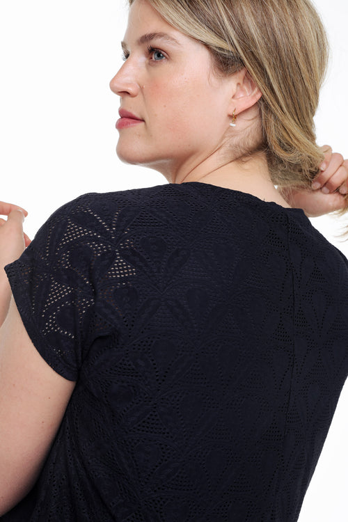 Effen kanten T-shirt met bloemmotief-Paprika-6