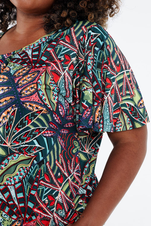 T-shirt van koud gaas met bladerenprint-Paprika-6