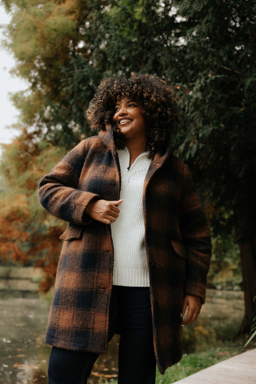 Manteau en laine à carreaux avec capuche-Paprika-1