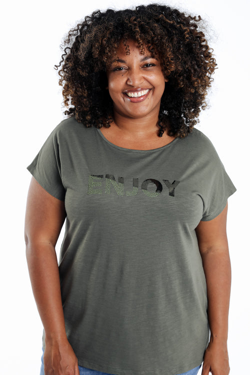 Effen katoenen T-shirt Enjoy met pailletten-Paprika-2