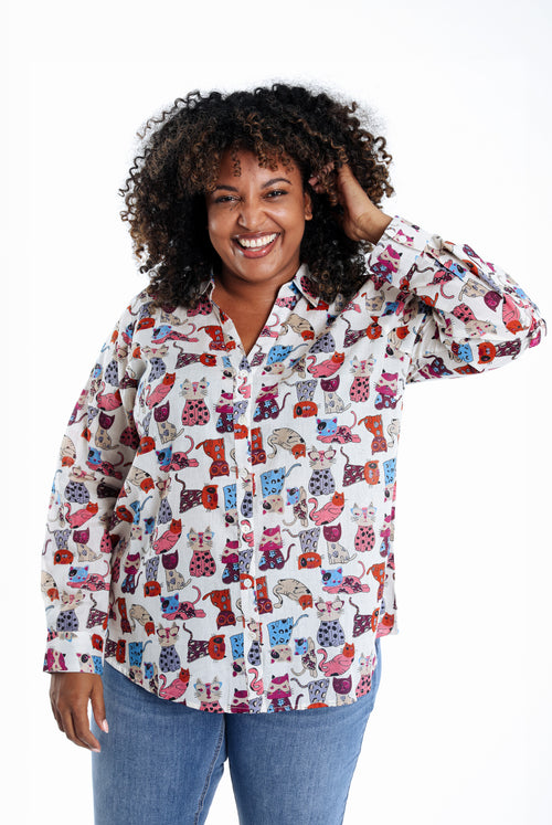 Blouse van katoen met kattenprint-Paprika-1