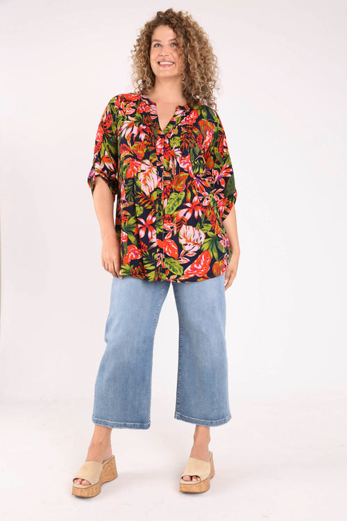 Lange tuniek van viscose met bloemenprint en pailletten-Paprika-9