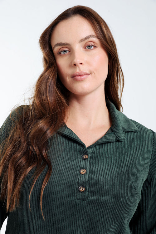 Korte, effen corduroy jurk met opgestikte zakken-Paprika-4