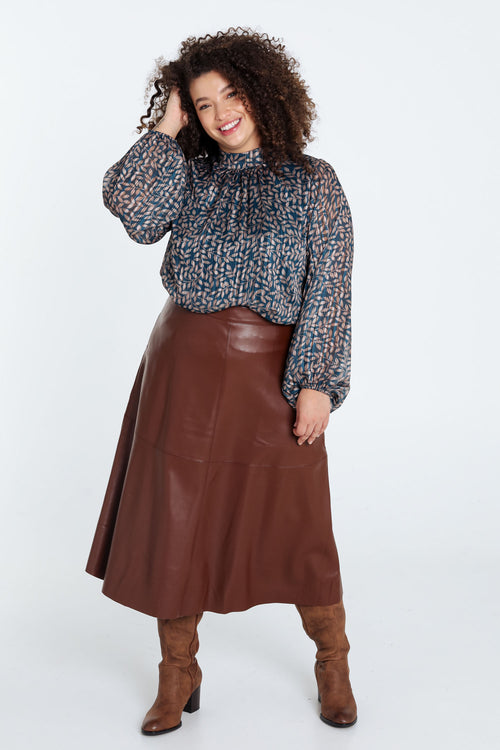 Halflange, effen rok in imitatieleer-Paprika-8