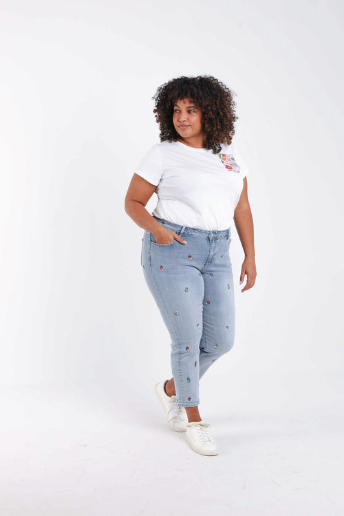 Slim fit jeans Louise 7/8 met bloemenborduursels-Paprika-9