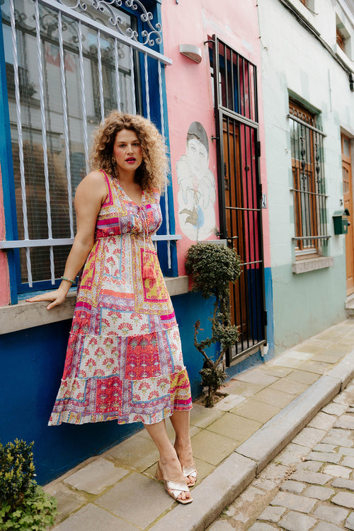 Robe en viscose imprimé patchwork-Paprika-1