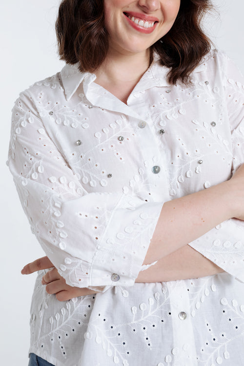 Effen hemd met bladmotief in reliëf en strass-Paprika-6