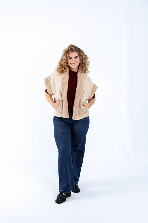 Effen gilet met schapenvachtlook-Paprika-6