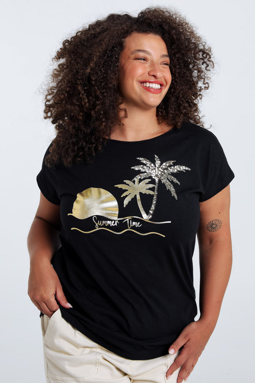 T-shirt van katoen met folieprint van palmbomen en pailletten-Paprika-1