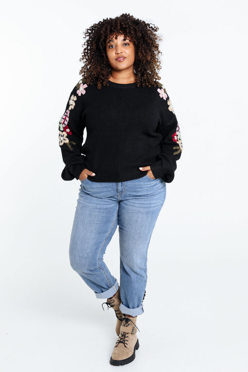 Effen trui met borduureffect op de mouwen-Paprika-9