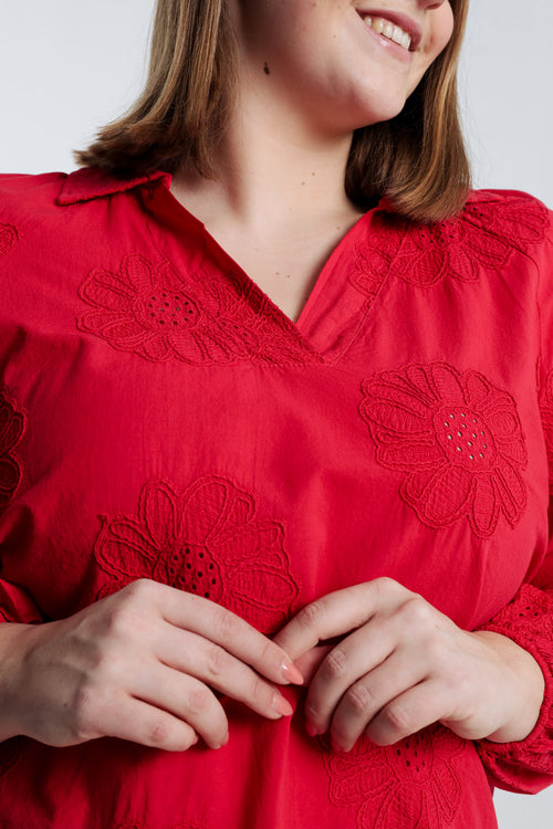 Effen katoenen blouse met geborduurde bloemen-Paprika-5