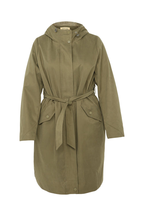 Halflange, effen trenchcoat met rits, kap en strikriem-Paprika-10