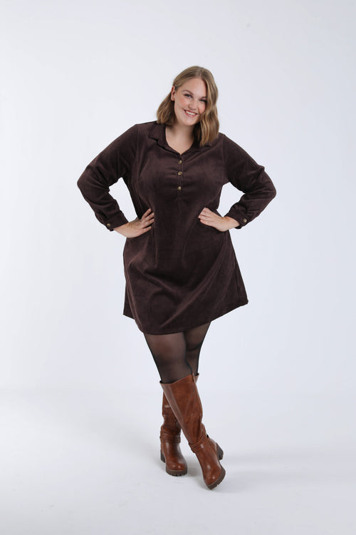 Effen korte jurk van ribfluweel-Paprika-7