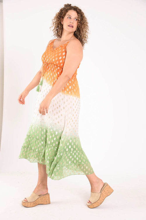 Lange jurk met kleurverloop en folieprint-Paprika-8