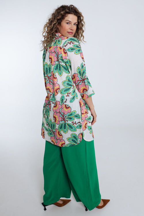 Lange blouse van linnen en viscose met bloemenprint-Paprika-2