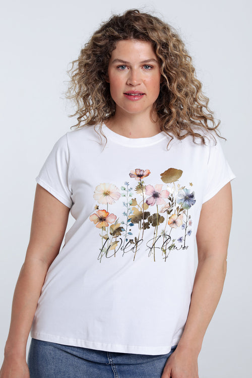 T-shirt van katoen met bloemenprint en folie-Paprika-1