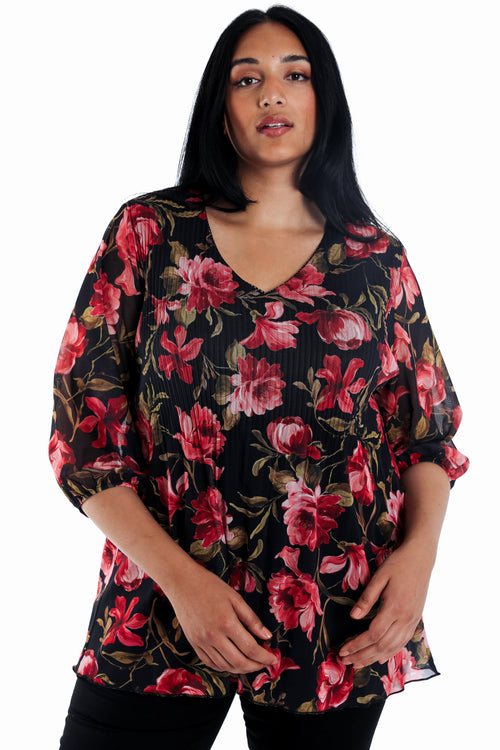 T-shirt en résille imprimé fleurs-Paprika-1
