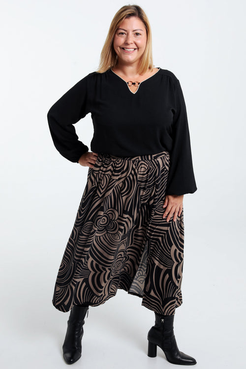 Halflange rok met grafisch motief en split-Paprika-8