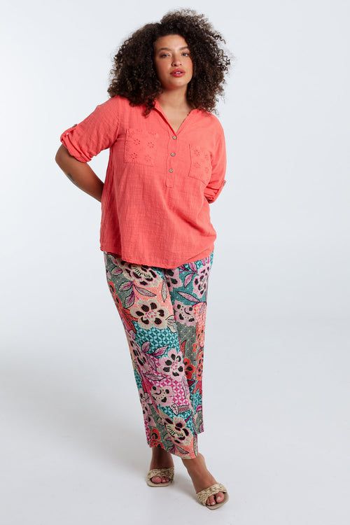 Blouse van effen katoen gaas-Paprika-8