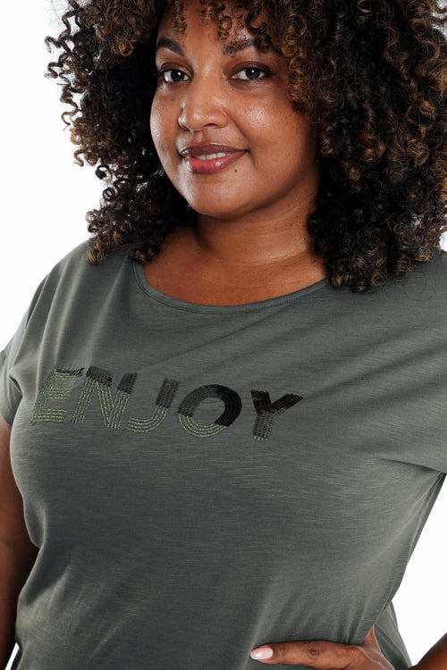 Effen katoenen T-shirt Enjoy met pailletten-Paprika-5