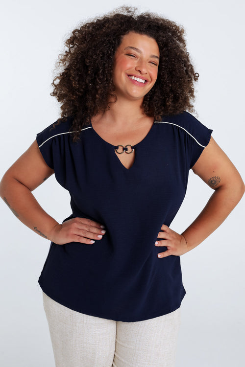 T-shirt van twee materialen met ronde hals en lus-Paprika-2