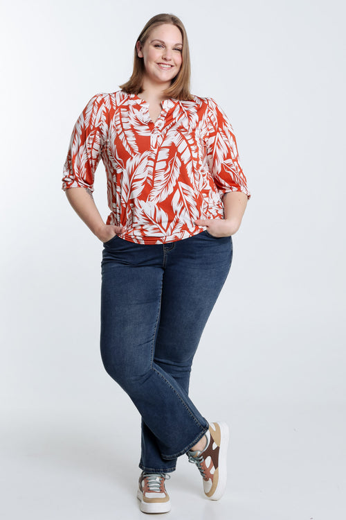  T-shirt met bladprint-Paprika-7