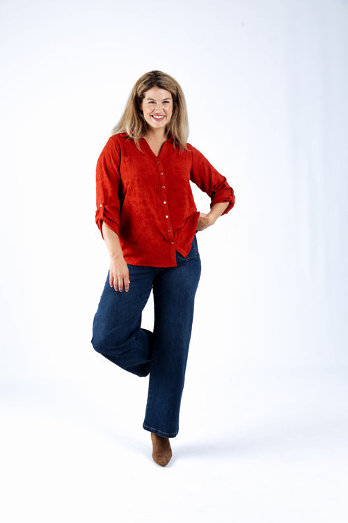 Chemise unie avec motif fleurs en relief-Paprika-7