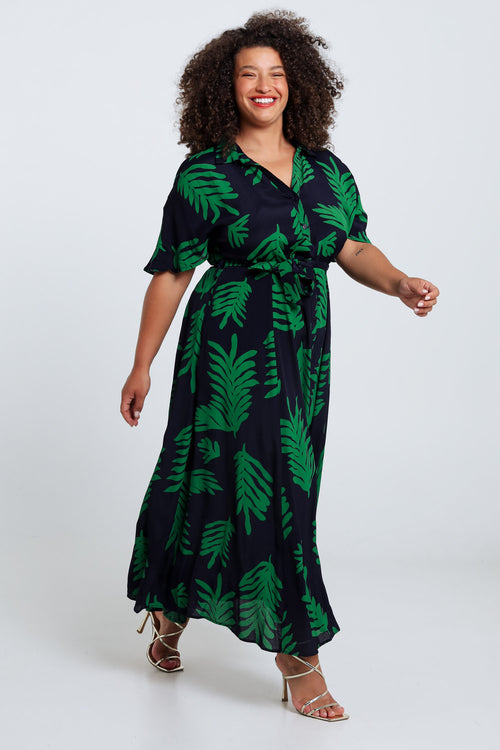 Lange jurk van viscose met bladerenprint-Paprika-9