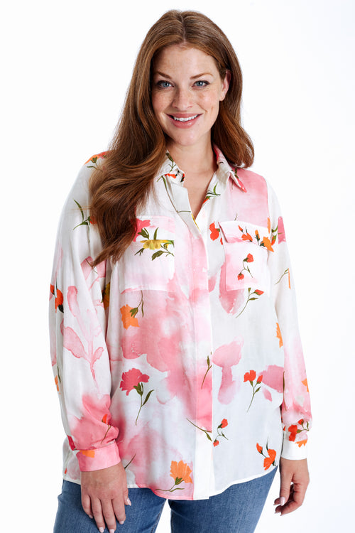 Blouse van bedrukte viscose met bloemenprint-Paprika-1