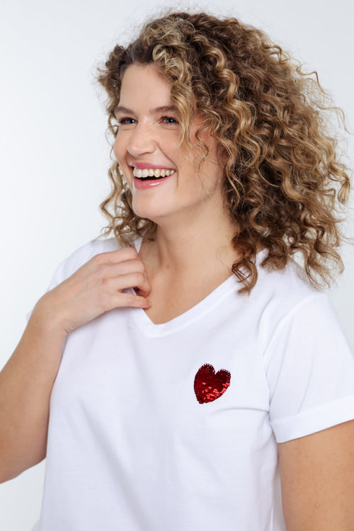 Effen katoenen T-shirt met hart van pailletten-Paprika-5