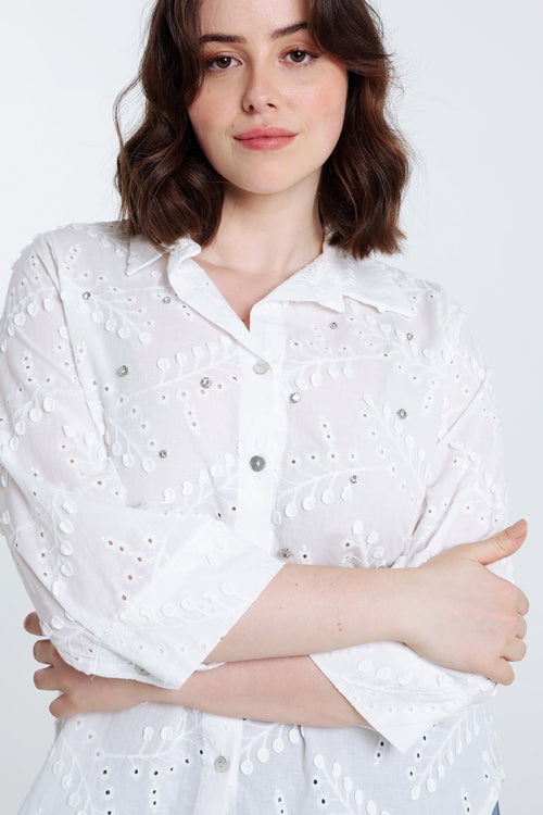 Effen hemd met bladmotief in reliëf en strass-Paprika-5