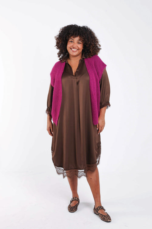 Effen satijnen jurk van viscose met kant-Paprika-9