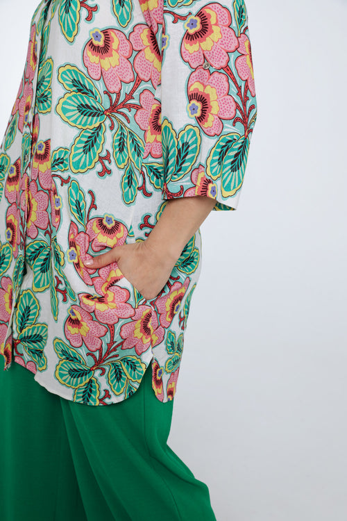 Lange blouse van linnen en viscose met bloemenprint-Paprika-6