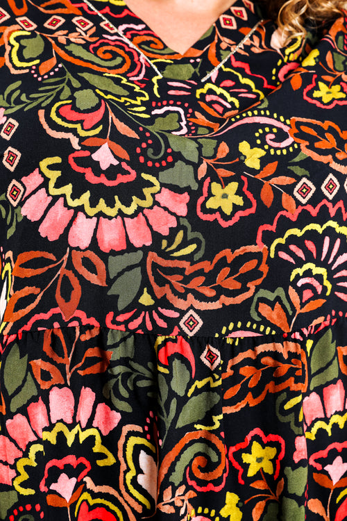 Korte jurk van bedrukt viscose met folkprint-Paprika-6