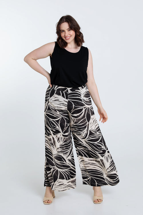 Wijde broek in viscose met getekende bloemenmotief-Paprika-7